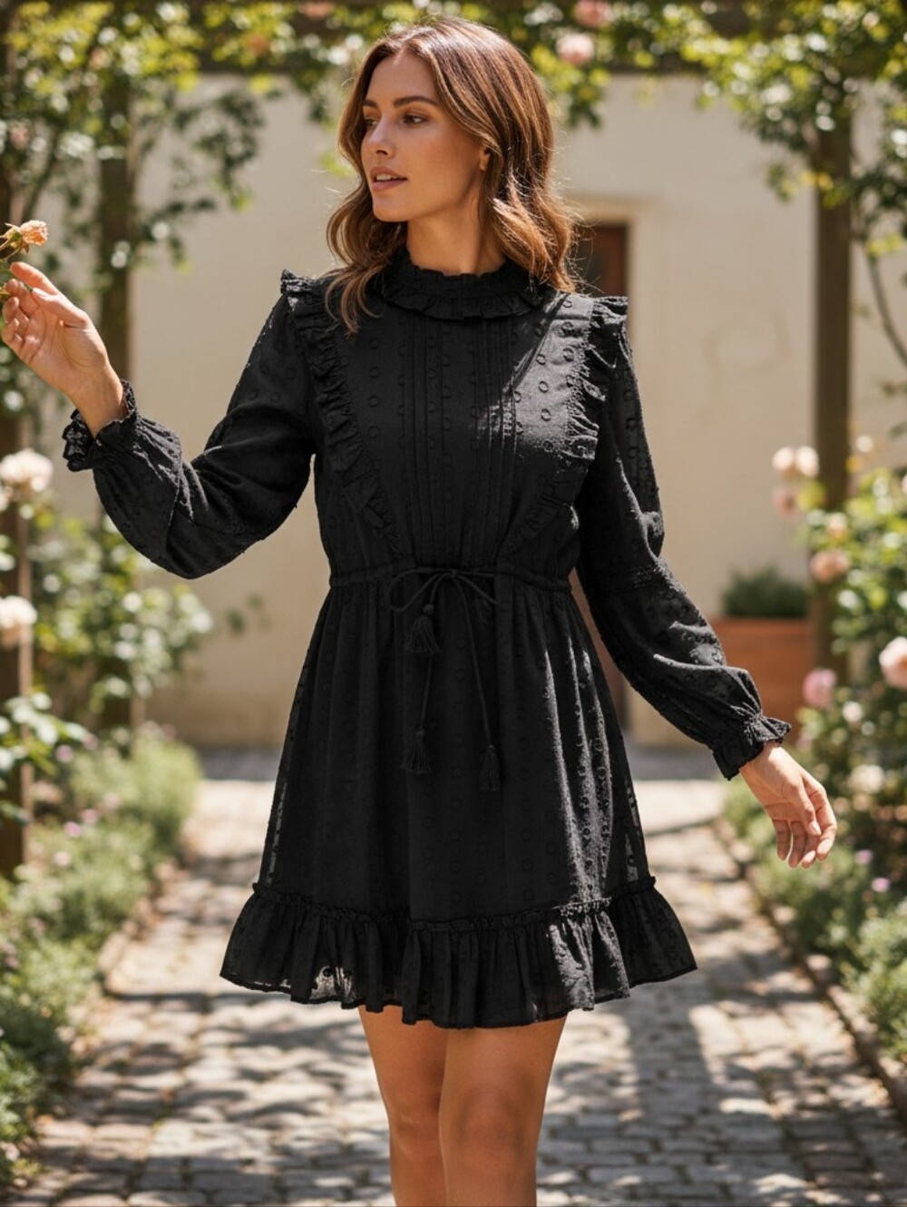 Cleobella Black Ruffled Swiss Dot Mini Dress Small